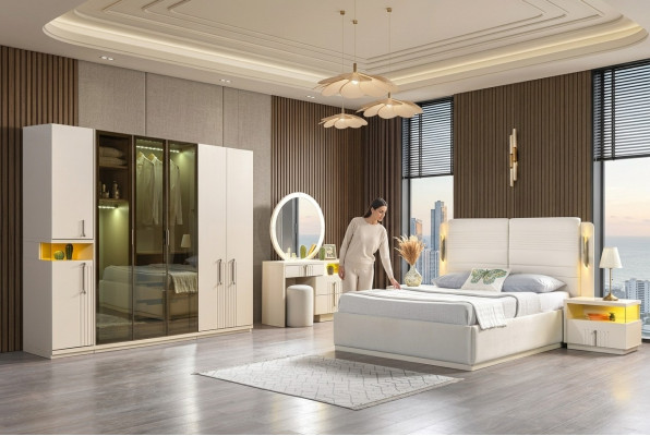 Komplettes Schlafzimmer Set modern Bett Kleiderschrank Nachttische