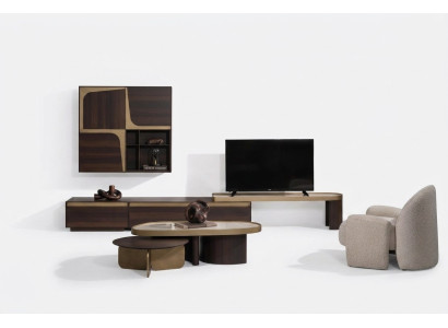 Elegantes Wohnzimmer Set aus Leder in Beige und Braun mit Holzdesign