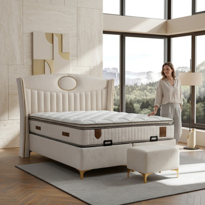 Elegantes Bett mit Matratze in Beige aus Textil und Holz