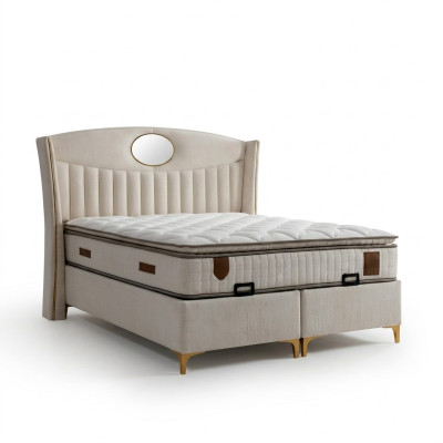 Elegantes Bett mit Matratze in Beige aus Textil und Holz