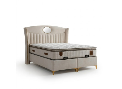 Elegantes Bett mit Matratze in Beige aus Textil und Holz