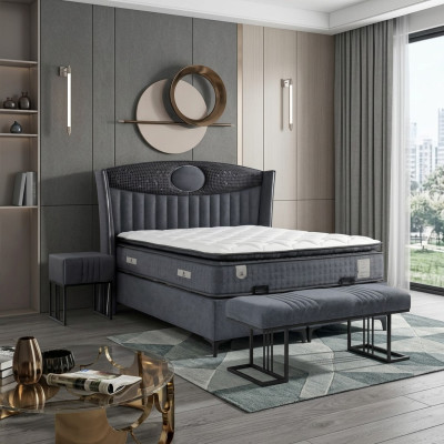 Elegantes graues Bett mit Matratze aus Textil und Holz