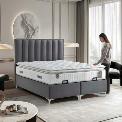 Elegantes graues Bett mit Matratze aus Textil und Holz
