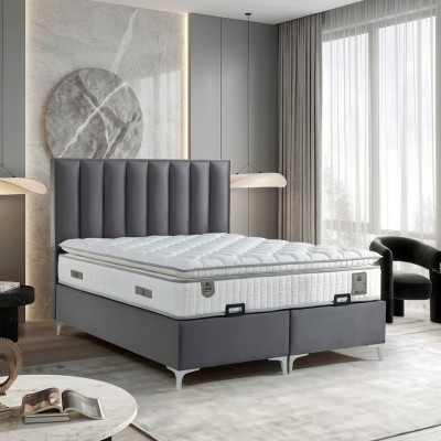Elegantes graues Bett mit Matratze aus Textil und Holz