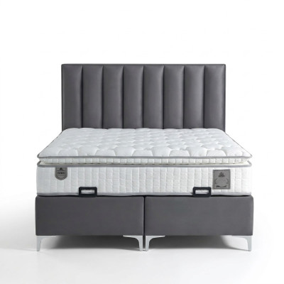 Elegantes graues Bett mit Matratze aus Textil und Holz