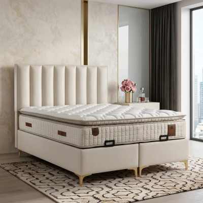 Elegantes Bett mit Matratze aus Textil in Beige
