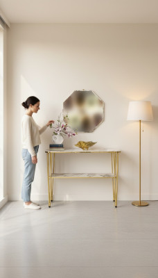 Konsolentisch mit Spiegel aus Edelstahl und Glas in Weiß elegant