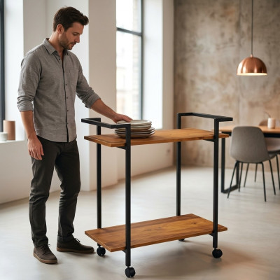 Eleganter Servierwagen aus Holz in Braun mit Edelstahlakzenten