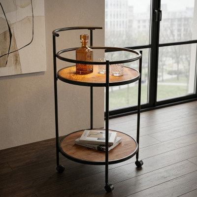 Eleganter Servierwagen aus Holz und Edelstahl in Braun