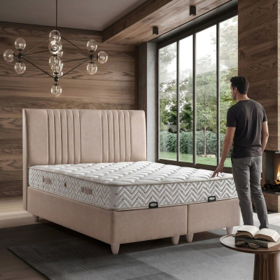 Elegantes Bett mit Matratze in Beige aus Textil und Holz