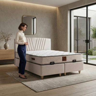 Elegantes Bett mit Matratze in Beige aus Textil und Holz