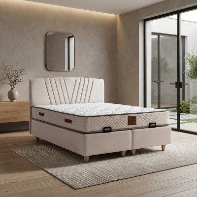 Elegantes Bett mit Matratze in Beige aus Textil und Holz