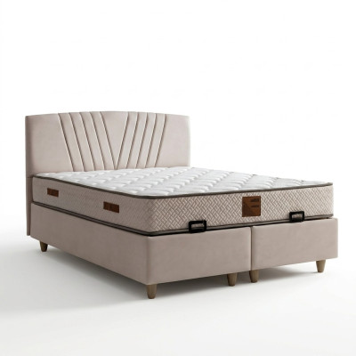 Elegantes Bett mit Matratze in Beige aus Textil und Holz