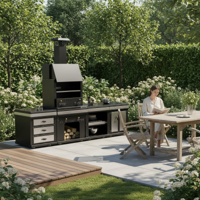 Elegante Außenküche aus Edelstahl in Schwarz für Garten und Terrasse