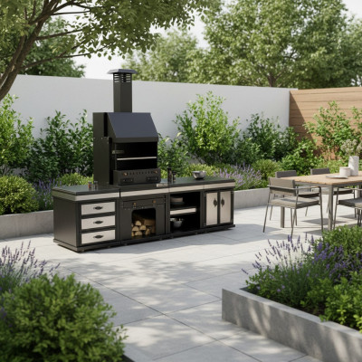 Elegante Außenküche aus Edelstahl in Schwarz für Garten und Terrasse