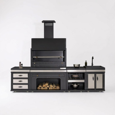Schwarze Außenküche aus Edelstahl modern und langlebig