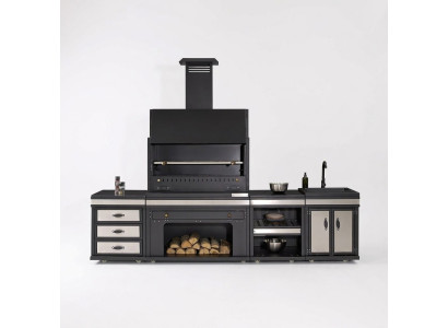 Schwarze Außenküche aus Edelstahl modern und langlebig