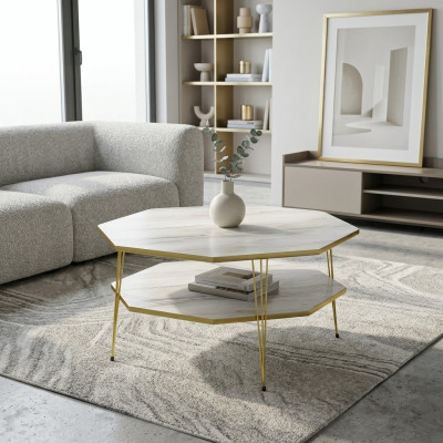 Eleganter grauer Couchtisch aus Holz mit Edelstahl in modernem Stil