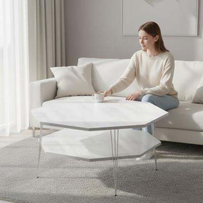 Moderner weißer Couchtisch aus Holz und Edelstahl
