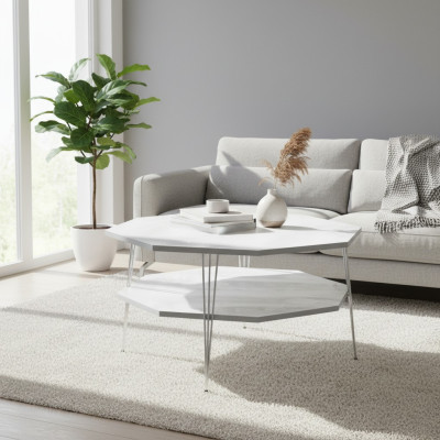 Moderner weißer Couchtisch aus Holz und Edelstahl
