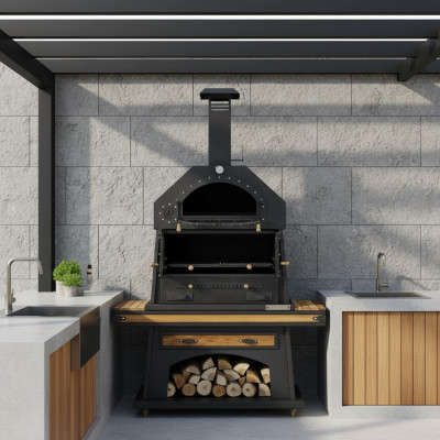 Eleganter schwarzer Grillkamin aus Holz und Edelstahl