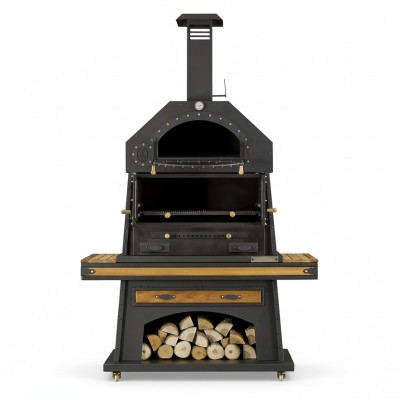 Eleganter schwarzer Grillkamin aus Holz und Edelstahl