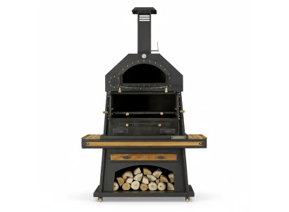 Eleganter schwarzer Grillkamin aus Holz und Edelstahl