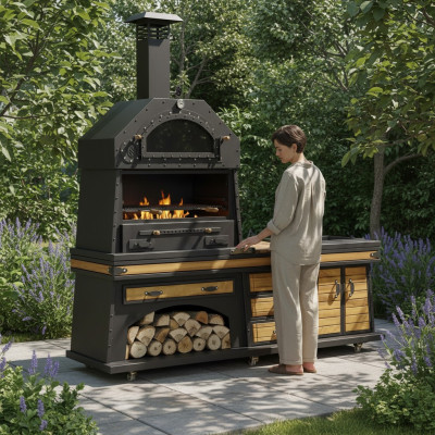 Schwarze Außenküche aus Holz und Edelstahl modern und wetterfest