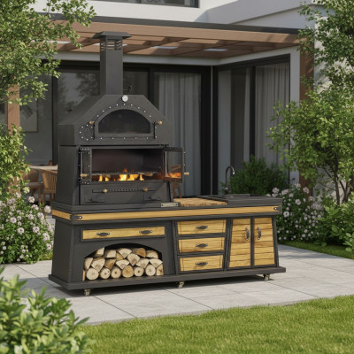 Schwarze Außenküche aus Holz und Edelstahl modern und wetterfest