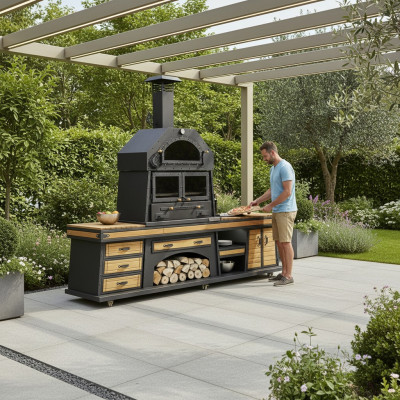 Elegante schwarze Außenküche aus Holz und Edelstahl für Garten