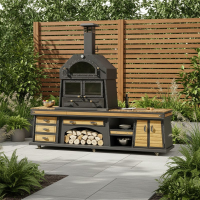 Elegante schwarze Außenküche aus Holz und Edelstahl für Garten