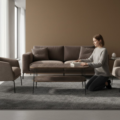 Moderner brauner Couchtisch aus Holz mit Edelstahlakzenten
