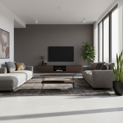 Moderner brauner Couchtisch aus Holz mit Edelstahlakzenten