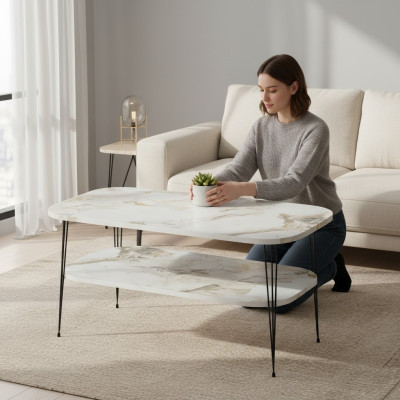 Moderner mehrfarbiger Couchtisch aus Holz mit Edelstahl-Details