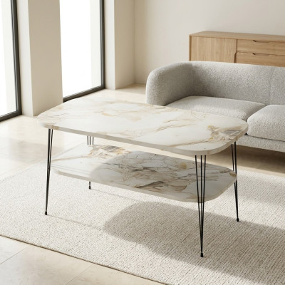 Moderner mehrfarbiger Couchtisch aus Holz mit Edelstahl-Details
