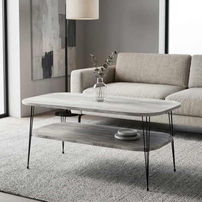 Moderner grauer Couchtisch aus Holz mit Edelstahl-Design