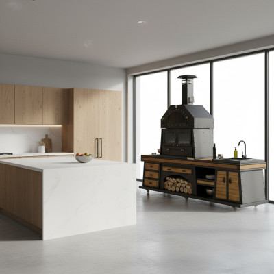 Außenküche in Schwarz aus Holz und Edelstahl modern