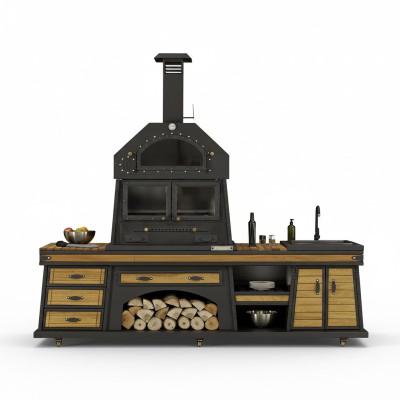Außenküche in Schwarz aus Holz und Edelstahl modern