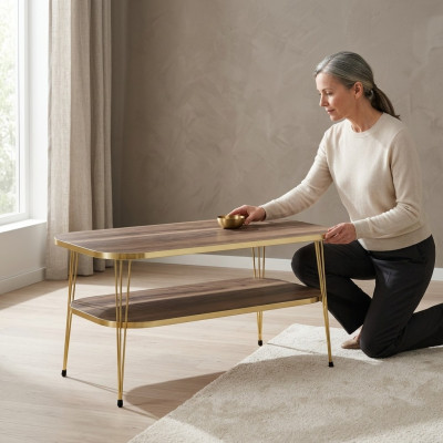 Eleganter brauner Couchtisch aus Holz mit Edelstahl in modernem Design