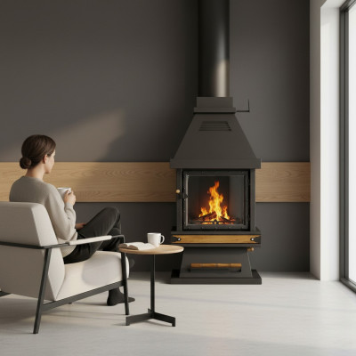 Schwarzer Edelstahl-Holz Kamin modern stilvoll