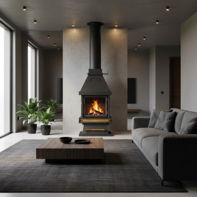 Schwarzer Edelstahl-Holz Kamin modern stilvoll