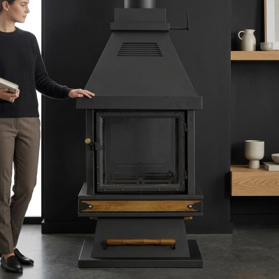 Freistehender Kamin in Schwarz aus Edelstahl Holz und Glas