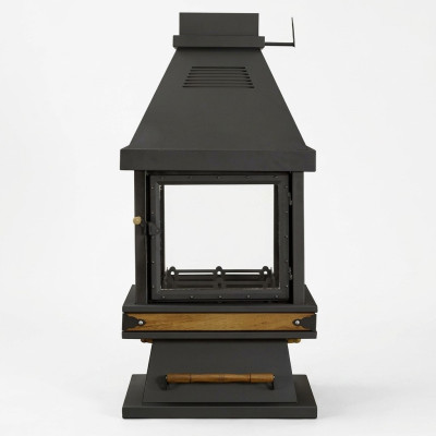 Freistehender Kamin in Schwarz aus Edelstahl Holz und Glas