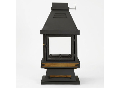 Freistehender Kamin in Schwarz aus Edelstahl Holz und Glas