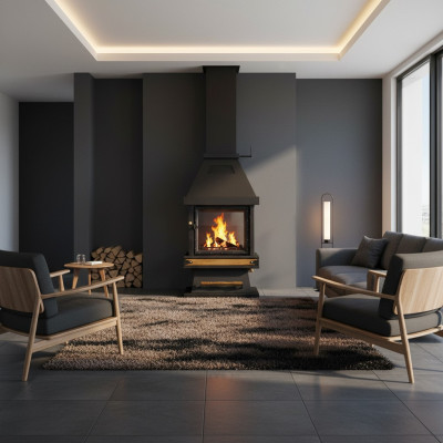 Eleganter schwarzer Edelstahl-Holz-Kamin in modernem Design