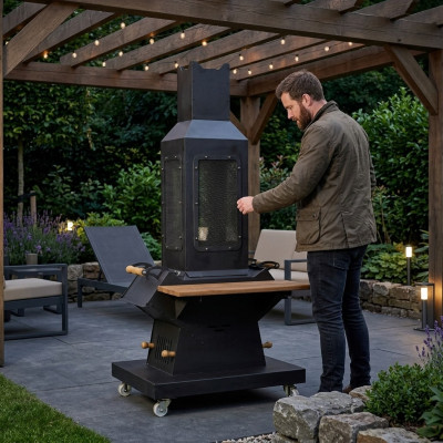 Schwarzer Edelstahl-Holz Gartenkamin modern elegant