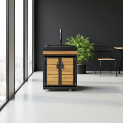 Elegantes schwarzes Außenküchenmodul aus Edelstahl und Holz