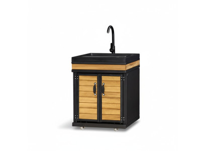 Elegantes schwarzes Außenküchenmodul aus Edelstahl und Holz