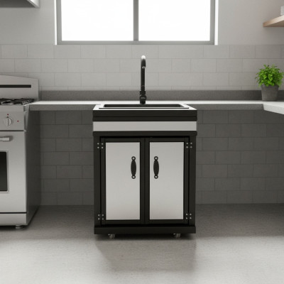 Elegantes silbernes Außenküchenmodul aus MDF und Edelstahl