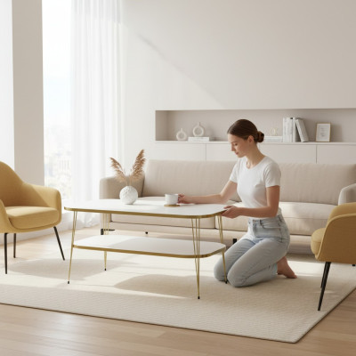 Moderner weißer Couchtisch aus Holz mit Edelstahlrahmen